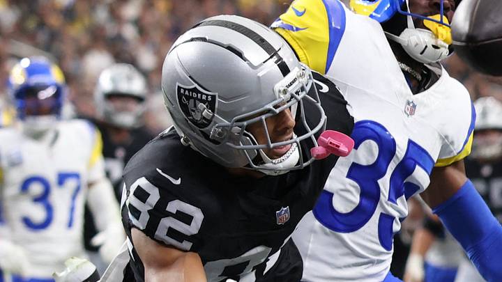 Oct 25, 2026; Paradise, Nevada, USA; Las Vegas Raiders wide receiver Cody White (82) attempts to make a catch against Los Angeles Rams cornerback Jaylen Watson (35) in the second half at Allegiant Stadium. Mandatory Credit: David Brytus-Imagn Images Oct 25, 2026; Paradise, Nevada, USA; Las Vegas Raiders wide receiver Cody White (82) attempts to make a catch against Los Angeles Rams cornerback Jaylen Watson (35) in the second half at Allegiant Stadium. Mandatory Credit: David Brytus-Imagn Images