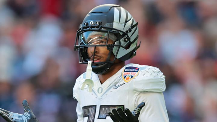 Jan 1, 2026; Miami Gardens, FL, USA; Oregon Ducks defensive back Jadon Canady (22) reacts after an interception by the Ducks against the Texas Tech Red Raiders during the second half of the 2025 Orange Bowl and quarterfinal game of the College Football Playoff at Hard Rock Stadium. Mandatory Credit: Sam Navarro-Imagn Images