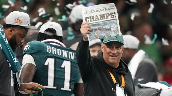 Feb 9, 2025; New Orleans, LA, USA; Philadelphia Eagles defensive coordinator Vic Fangio reacts after defeating the Kansas City Chiefs in Super Bowl LIX at Caesars Superdome. 