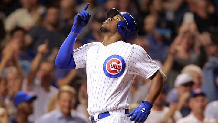 Aug 29, 2016; Chicago, IL, USA; Chicago Cubs left fielder Jorge Soler (68) celebrates after hitting a solo homer run during the ninth inning against the Pittsburgh Pirates at Wrigley Field