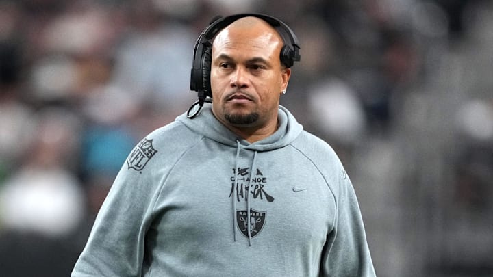 Dec 22, 2024; Paradise, Nevada, USA; Las Vegas Raiders coach Antonio Pierce reacts against the Jacksonville Jaguars in the first half at Allegiant Stadium. Mandatory Credit: Kirby Lee-Imagn Images