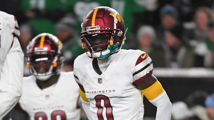 Nov 14, 2024; Philadelphia, Pennsylvania, USA; Washington Commanders cornerback Mike Sainristil (0) against the Philadelphia Eagles at Lincoln Financial Field. Mandatory Credit: Eric Hartline-Imagn Images