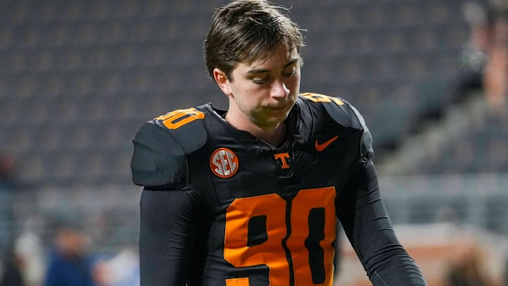 Tennessee place kicker Max Gilbert (90) walks towards the locker man after a NCAA football game between the Tennessee Volunteers and Oklahoma Sooners at Neyland Stadium in Knoxville, Tenn., on November 1, 2025. Tennessee place kicker Max Gilbert (90) walks towards the locker man after a NCAA football game between the Tennessee Volunteers and Oklahoma Sooners at Neyland Stadium in Knoxville, Tenn., on November 1, 2025.