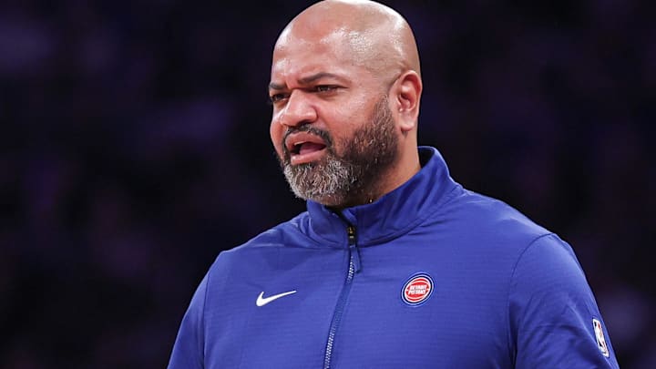 Dec 7, 2024; New York, New York, USA; Detroit Pistons head coach JB Bickerstaff reacts during the second half against the New York Knicks at Madison Square Garden. Dec 7, 2024; New York, New York, USA; Detroit Pistons head coach JB Bickerstaff reacts during the second half against the New York Knicks at Madison Square Garden.