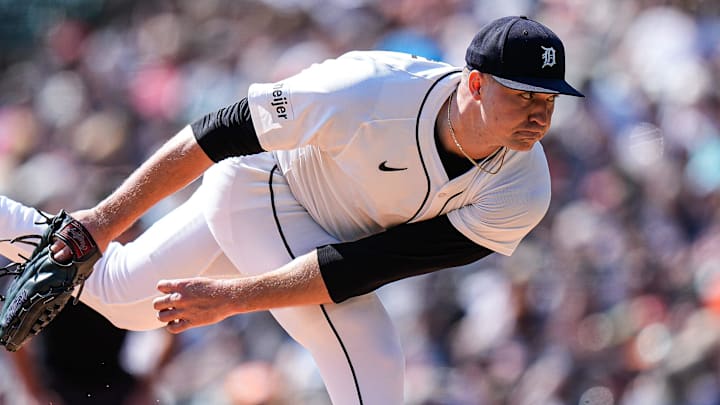 Detroit Tigers pitcher Tarik Skubal (29) throws against Cleveland Guardians during the first inning at Comerica Park in Detroit on Thursday, Sept. 18, 2025.