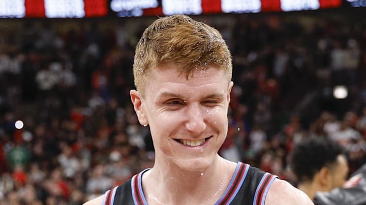 Chicago Bulls guard Kevin Huerter celebrates after scoring a game winning three-pointer against the Boston Celtics.