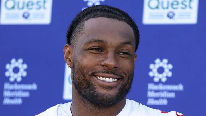 New York Giants linebacker Kayvon Thibodeaux answers questions from the press. New York Giants linebacker Kayvon Thibodeaux answers questions from the press.