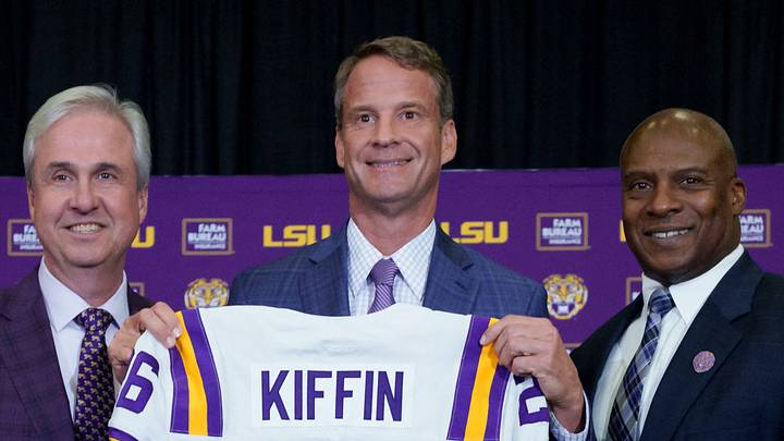 LSU president Wade Rousse, left, LSU new head coach Lane Kiffin, and LSU athletic director Verge Ausberry stand together at the South Stadium Club at Tiger Stadium. LSU president Wade Rousse, left, LSU new head coach Lane Kiffin, and LSU athletic director Verge Ausberry stand together at the South Stadium Club at Tiger Stadium.