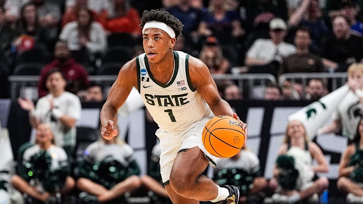 Michigan State guard Jeremy Fears Jr. (1) dribbles against Ole Miss during the first half of the Sweet 16 round of NCAA tournament at State Farm Arena in Atlanta, Ga. on Friday, March 28, 2025. Michigan State guard Jeremy Fears Jr. (1) dribbles against Ole Miss during the first half of the Sweet 16 round of NCAA tournament at State Farm Arena in Atlanta, Ga. on Friday, March 28, 2025.