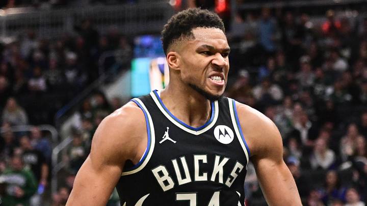Milwaukee Bucks forward Giannis Antetokounmpo (34) reacts (Mandatory Credit: Benny Sieu-Imagn Images)