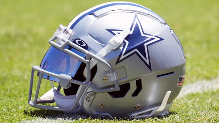 A Dallas Cowboys helmet with an Oakley visor at training camp at Marriott Residence Inn-River Ridge Playing Fields.