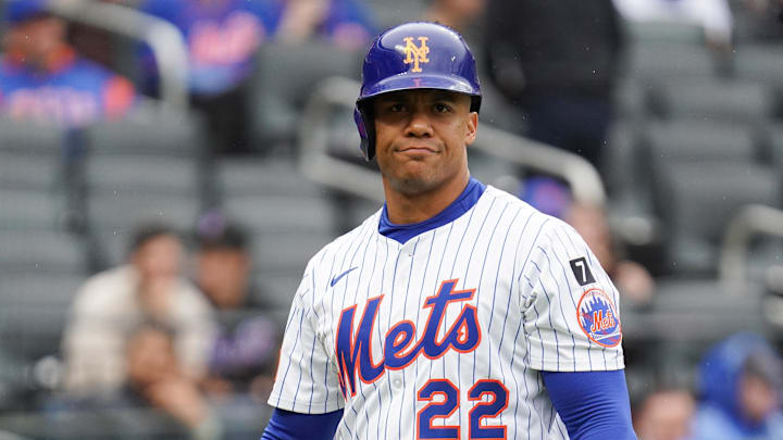 May 28, 2025; New York, New York, USA; New York Mets right fielder Juan Soto (22) reacts after striking out during the game against the Chicago White Sox at Citi Field. Mandatory Credit: Lucas Boland-Imagn Images