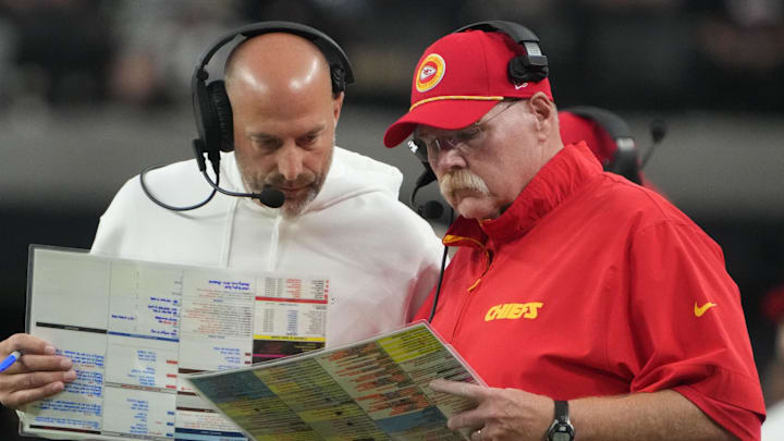 Oct 27, 2024; Paradise, Nevada, USA; Kansas City Chiefs offensive coordinator Matt Nagy (left) and coach Andy Reid react against the Las Vegas Raiders in the second half at Allegiant Stadium. Mandatory Credit: Kirby Lee-Imagn Images Oct 27, 2024; Paradise, Nevada, USA; Kansas City Chiefs offensive coordinator Matt Nagy (left) and coach Andy Reid react against the Las Vegas Raiders in the second half at Allegiant Stadium. Mandatory Credit: Kirby Lee-Imagn Images