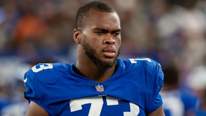 Aug 21, 2022; East Rutherford, New Jersey, USA; New York Giants offensive lineman Evan Neal (73) during the second half against the Cincinnati Bengals at MetLife Stadium. Mandatory Credit: John Jones-Imagn Images