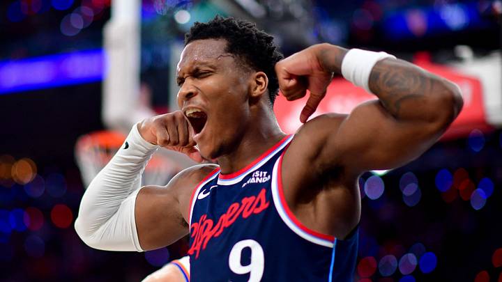 Mar 9, 2026; Inglewood, California, USA; Los Angeles Clippers guard Bennedict Mathurin (9) reacts after scoring a basket and drawing the foul against the New York Knicks during the second half at Intuit Dome. Mandatory Credit: Gary A. Vasquez-Imagn Images