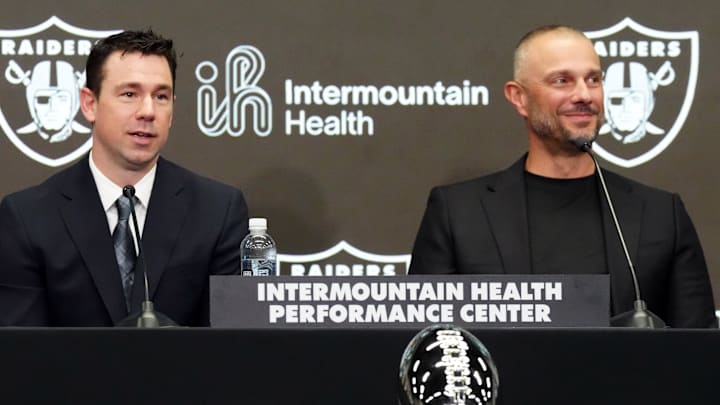 Feb 10, 2026; Henderson, NV, USA; Las Vegas Raiders coach Klint Kubiak (left) and general manager John Spytek at introductory press conference at Intermountain Health Performance Center. Mandatory Credit: Kirby Lee-Imagn Images Feb 10, 2026; Henderson, NV, USA; Las Vegas Raiders coach Klint Kubiak (left) and general manager John Spytek at introductory press conference at Intermountain Health Performance Center. Mandatory Credit: Kirby Lee-Imagn Images