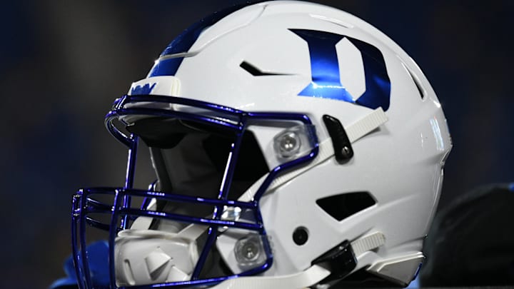 Sep 10, 2021; Durham, North Carolina, USA; A Duke Blue Devils helmet sits on an equipment chest during the third quarter of the game against the North Carolina A&T Aggies at Wallace Wade Stadium. Mandatory Credit: William Howard-Imagn Images
