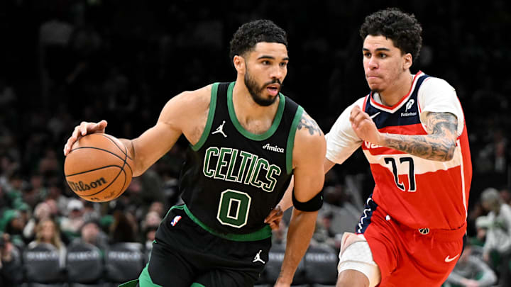 Mar 14, 2026; Boston, Massachusetts, USA; Boston Celtics forward Jayson Tatum (0) drives to the basket against Washington Wizards guard Will Riley (27) during the second half at the TD Garden. Mandatory Credit: Brian Fluharty-Imagn Images