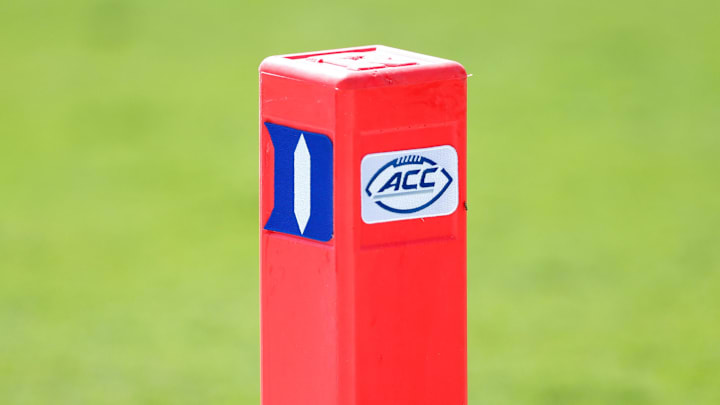 Oct 21, 2017; Durham, NC, USA; The Duke Blue Devils and ACC logo on the pylon during the game against the Pittsburgh Panthers at Wallace Wade Stadium. Mandatory Credit: Jeremy Brevard-Imagn Images