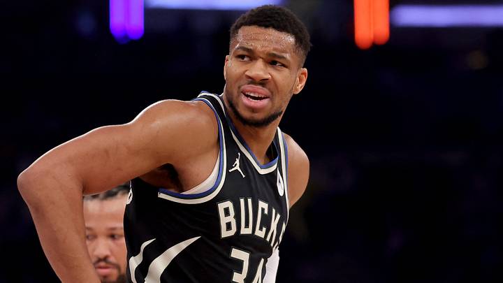 Milwaukee Bucks forward Giannis Antetokounmpo (34) reacts  (Mandatory Credit: Brad Penner-Imagn Images)