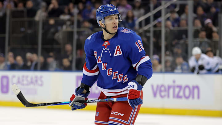 Jan 5, 2026; New York, New York, USA; New York Rangers left wing Artemi Panarin (10) skates against the Utah Mammoth during the second period at Madison Square Garden. Mandatory Credit: Brad Penner-Imagn Images