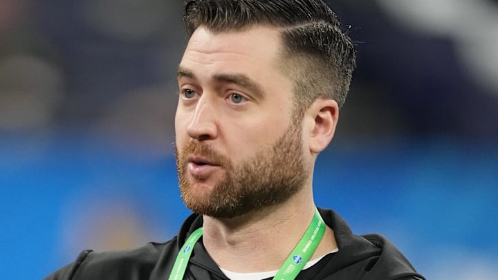 Mar 2, 2024; Indianapolis, IN, USA; New Orleans Saints quarterbacks coach Andrew Janocko during the 2024 NFL Combine at Lucas Oil Stadium. Mandatory Credit: Kirby Lee-Imagn Images