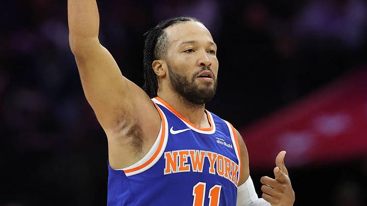 New York Knicks guard Jalen Brunson (11) reacts to his three pointer against the Philadelphia 76ers during the first quarter at Xfinity Mobile Arena. Mandatory Credit: Bill Streicher-Imagn Images New York Knicks guard Jalen Brunson (11) reacts to his three pointer against the Philadelphia 76ers during the first quarter at Xfinity Mobile Arena. Mandatory Credit: Bill Streicher-Imagn Images