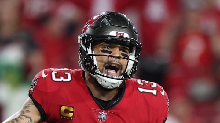 Tampa Bay Buccaneers wide receiver Mike Evans (13) reacts after a flag against the New Orleans Saints 
