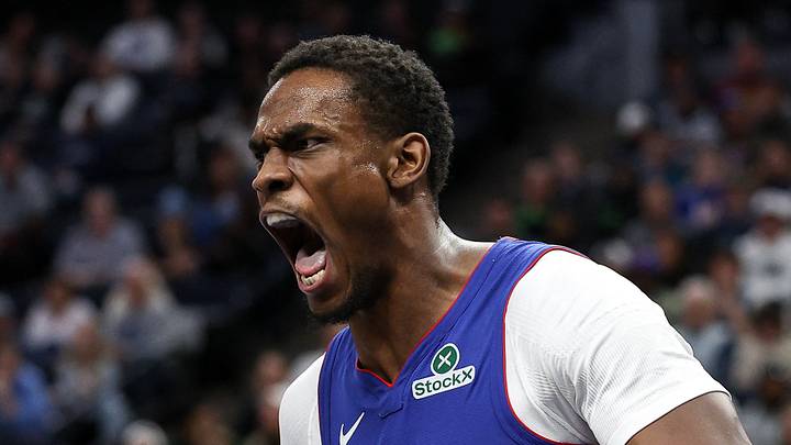 Detroit Pistons center Jalen Duren (0) celebrates his dunk against the Minnesota Timberwolves during the second quarter at Target Center on March 30, 2025.