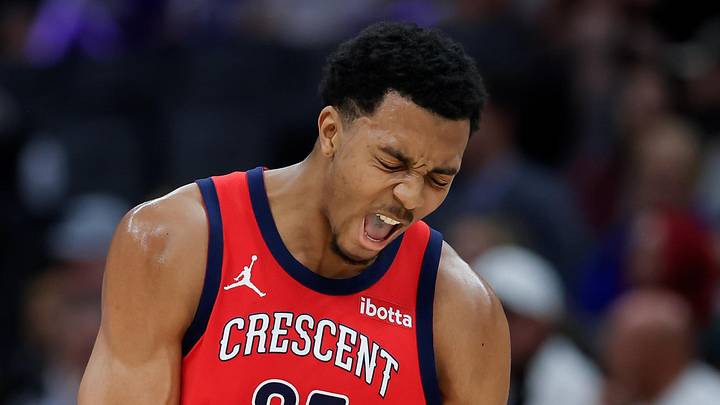 New Orleans Pelicans guard Trey Murphy III (25) celebrates after scoring a basket during the first quarter against the Sacramento Kings at Golden 1 Center on April 2, 2024.