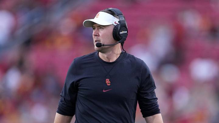Sep 2, 2023; Los Angeles, California, USA; Southern California Trojans head coach Lincoln Riley reacts against the Nevada Wolf Pack  in the second half at United Airlines Field at Los Angeles Memorial Coliseum. Mandatory Credit: Kirby Lee-USA TODAY Sports