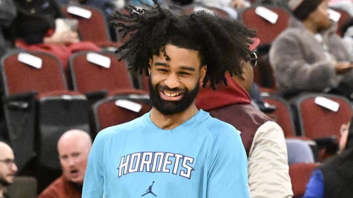 Feb 24, 2026; Chicago, Illinois, USA;  Charlotte Hornets guard Coby White (3) smiles as he warms up before a game against the Chicago Bulls at United Center. Mandatory Credit: Matt Marton-Imagn Images