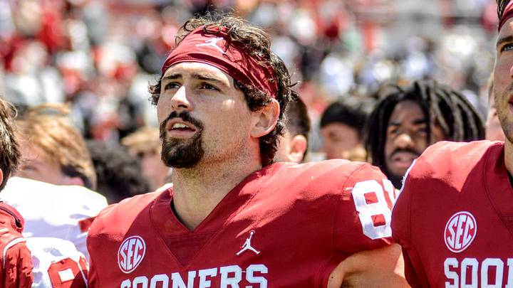 Oklahoma tight end Rocky Beers stands on Owen Field after the spring game.