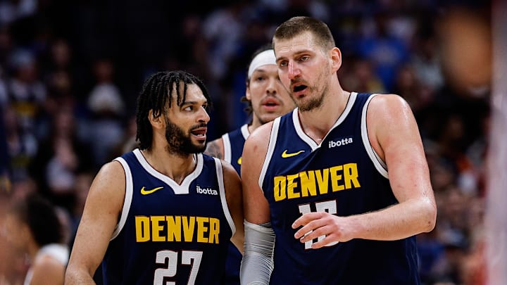 Apr 6, 2026; Denver, Colorado, USA; Denver Nuggets guard Jamal Murray (27) and center Nikola Jokic (15) in the fourth quarter against the Portland Trail Blazers at Ball Arena.