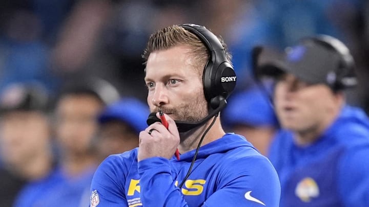 Jan 10, 2026; Charlotte, NC, USA; Los Angeles Rams head coach Sean McVay in the first half during the NFC Wild Card Round game at Bank of America Stadium. Mandatory Credit: Jim Dedmon-Imagn Images