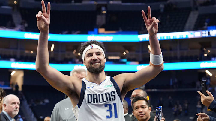 Dec 15, 2024; San Francisco, California, USA; Dallas Mavericks guard Klay Thompson (31) gestures while walking off of the court after defeating the Golden State Warriors at Chase Center. Mandatory Credit: Darren Yamashita-Imagn Images