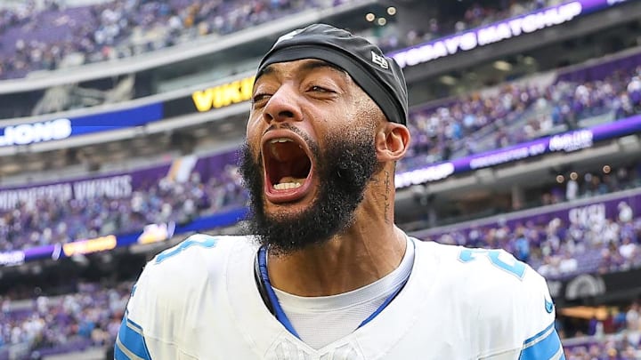 Oct 20, 2024; Minneapolis, Minnesota, USA; Detroit Lions cornerback Carlton Davis III (23) celebrates his teams win after the game against the Minnesota Vikings at U.S. Bank Stadium. Mandatory Credit: Matt Krohn-Imagn Images