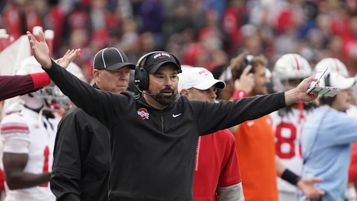 Nov 16, 2024; Chicago, Illinois, USA; Ohio State Buckeyes head coach Ryan Day gestures to the officials against the Northwestern Wildcats during the second half at Wrigley Field. Mandatory Credit: David Banks-Imagn Images