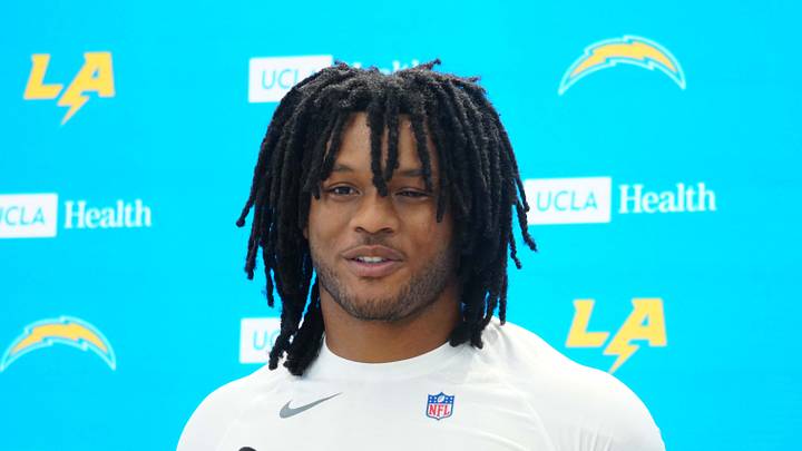 Jun 17, 2026; El Segundo, CA, USA; Los Angeles Chargers running back Omarion Hampton at press conference during minicamp at The Bolt. Mandatory Credit: Kirby Lee-Imagn Images