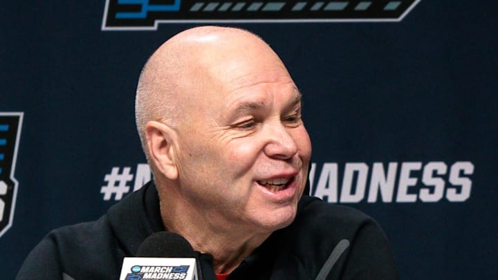 Mar 18, 2026; Oklahoma City, OK, USA; Saint Mary's Gaels head coach Randy Bennett gives an interview prior to a practice session ahead of the first round of the men's 2026 NCAA Tournament at Paycom Center. Mandatory Credit: William Purnell-Imagn Images Mar 18, 2026; Oklahoma City, OK, USA; Saint Mary's Gaels head coach Randy Bennett gives an interview prior to a practice session ahead of the first round of the men's 2026 NCAA Tournament at Paycom Center. Mandatory Credit: William Purnell-Imagn Images