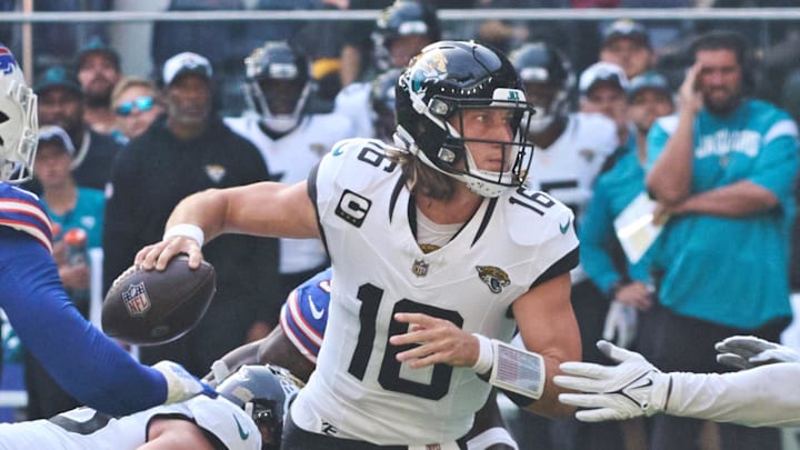 Oct 8, 2023; London, United Kingdom;  Jacksonville Jaguars quarterback Trevor Lawrence (16) throws the ball during the first half of an NFL International Series game at Tottenham Hotspur Stadium. Mandatory Credit: Peter van den Berg-Imagn Images