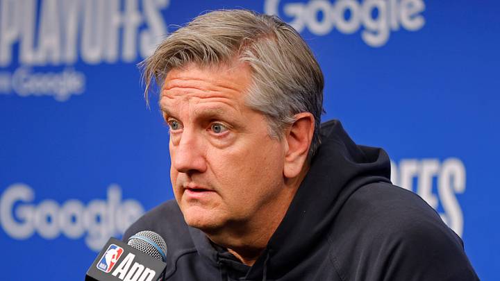 May 10, 2026; Minneapolis, Minnesota, USA; Minnesota Timberwolves head coach Chris Finch speaks to the media before game four of the second round of the 2026 NBA Playoffs against the San Antonio Spurs at Target Center. Mandatory Credit: Bruce Kluckhohn-Imagn Images