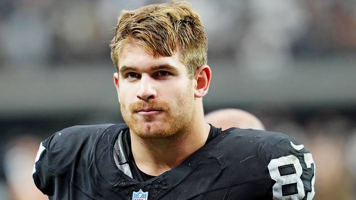Oct 12, 2025; Paradise, Nevada, USA; Las Vegas Raiders tight end Michael Mayer (87) reacts after the game against the Tennessee Titans at Allegiant Stadium. Mandatory Credit: Stephen R. Sylvanie-Imagn Images Oct 12, 2025; Paradise, Nevada, USA; Las Vegas Raiders tight end Michael Mayer (87) reacts after the game against the Tennessee Titans at Allegiant Stadium. Mandatory Credit: Stephen R. Sylvanie-Imagn Images