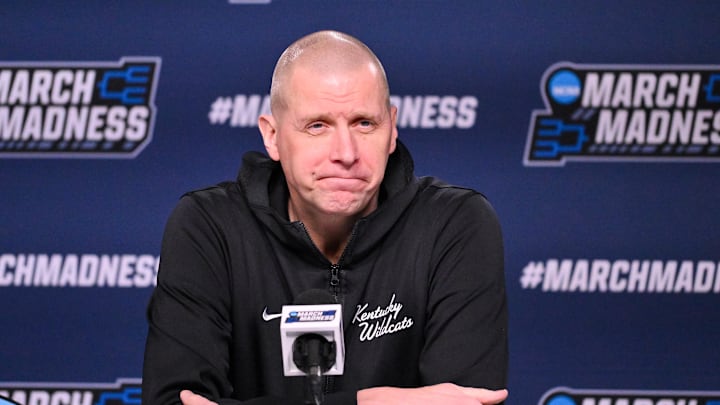 Mar 19, 2026; St. Louis, MO, USA; Kentucky Wildcats head coach Mark Pope talks with the media during a practice session ahead of the first round of the men's 2026 NCAA Tournament at Enterprise Center. Mandatory Credit: Jeff Curry-Imagn Images