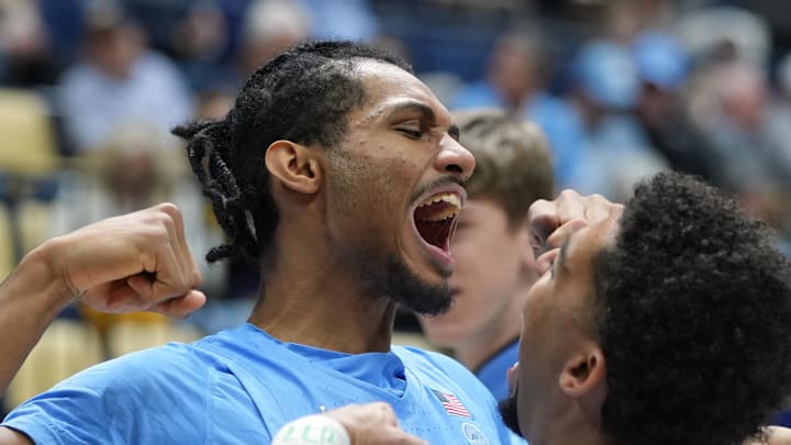 Jan 17, 2026; Berkeley, California, USA; North Carolina Tar Heels forward Jarin Stevenson (left) goes through a pregame routine with guard Elijah Davis (6) before the game against the California Golden Bears at Haas Pavilion. Mandatory Credit: Darren Yamashita-Imagn Images