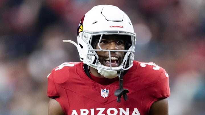 Nov 23, 2025; Glendale, Arizona, USA; Arizona Cardinals safety Jalen Thompson (34) against the Jacksonville Jaguars at State Farm Stadium. Mandatory Credit: Mark J. Rebilas-Imagn Images