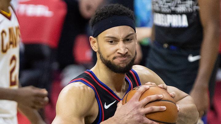 Feb 27, 2021; Philadelphia, Pennsylvania, USA; Philadelphia 76ers guard Ben Simmons (25) reacts after a missed shot against the Cleveland Cavaliers during overtime at Wells Fargo Center. Mandatory Credit: Bill Streicher-USA TODAY Sports