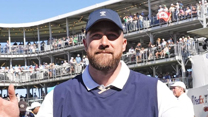 Kansas City Chiefs star Travis Kelce reacts after making a birdie on the 16th hole during the Annexus Pro-Am at the WM Phoenix Open on Feb. 4, 2026, at TPC Scottsdale.