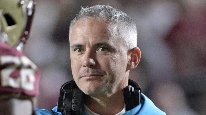 Nov 1, 2025; Tallahassee, Florida, USA; Florida State Seminoles head coach Mike Norvell celebrates a touchdown during the fourth quarter against the Wake Forest Demon Deacons at Doak S. Campbell Stadium. Mandatory Credit: Melina Myers-Imagn Images