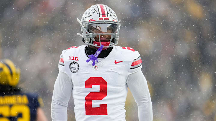 Ohio State Buckeyes defensive back Caleb Downs (2) celebrates during the NCAA football game against the Michigan Wolverines at Michigan Stadium in Ann Arbor, Mich. on Nov. 29, 2025. Ohio State won 27-9.